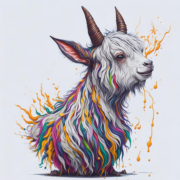 A drawing of a goat with horns and a lot of colors on it