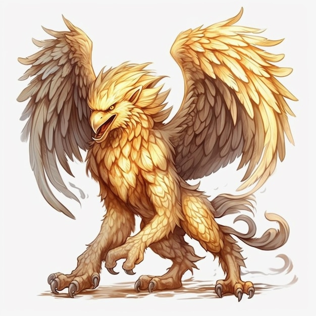 A drawing of a golden bird with large wings and a tail generative ai