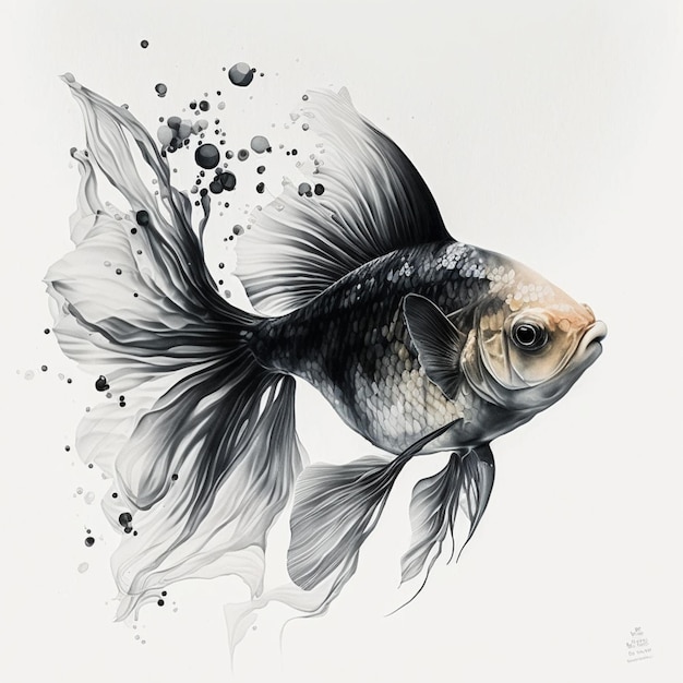 A drawing of a goldfish with black and white markings and a white tail.