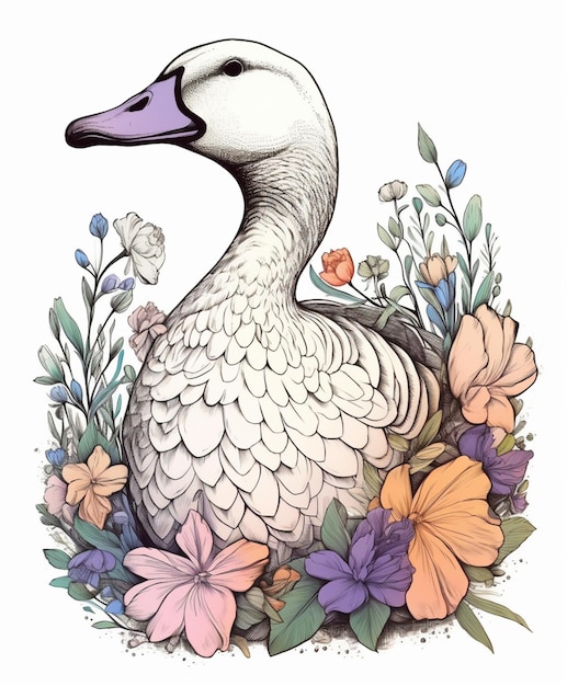 A drawing of a goose in flowers