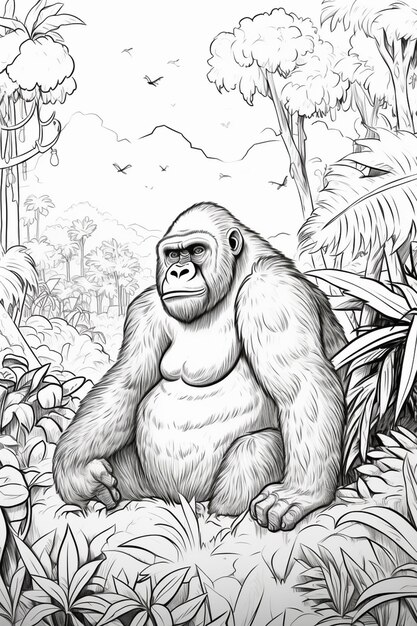 a drawing of a gorilla sitting in the jungle with trees and plants generative ai