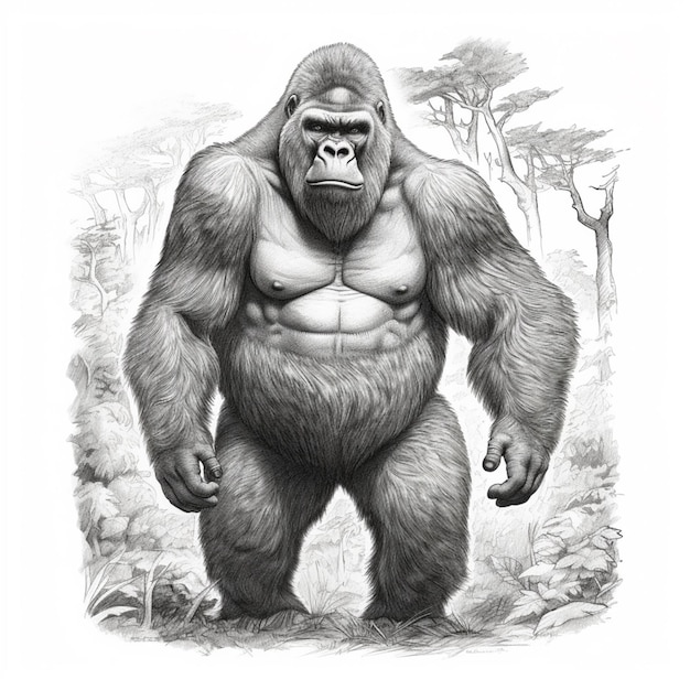 a drawing of a gorilla standing in the middle of a forest generative ai