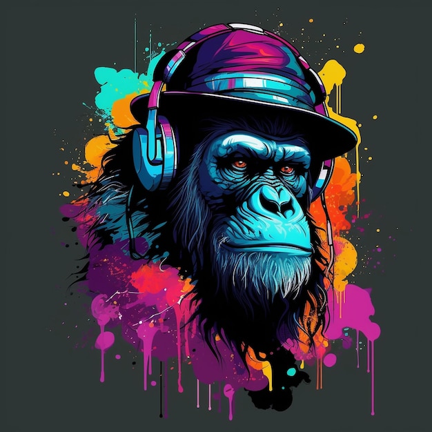 a drawing of a gorilla wearing a hat and headphones