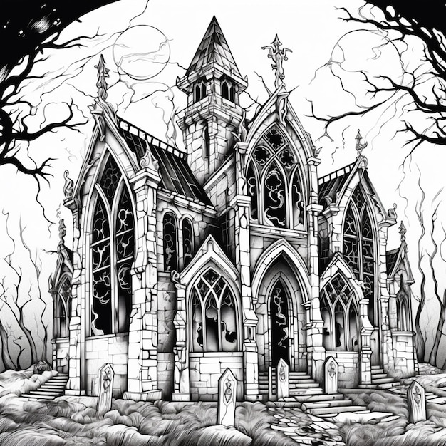 a drawing of a gothic church with a graveyard in the background generative ai