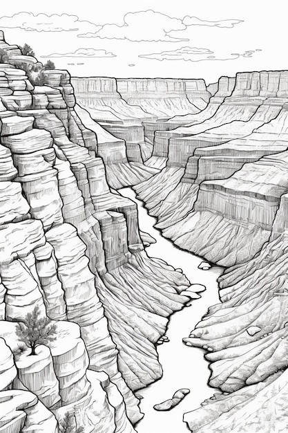 Un disegno di un grand canyon con un albero nel mezzo.