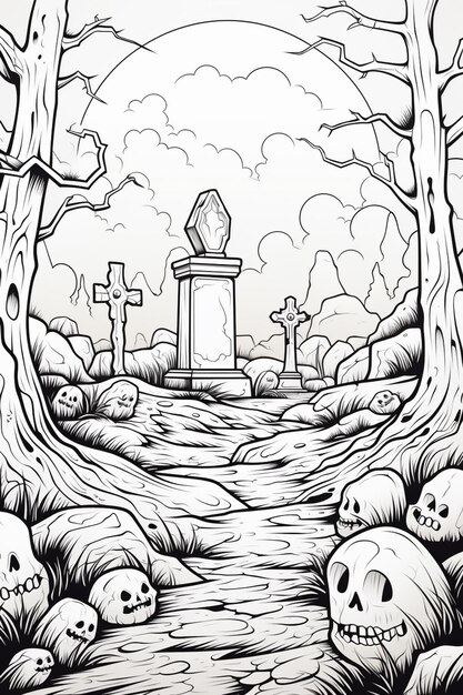 Foto un disegno di un cimitero con teschi e alberi sullo sfondo