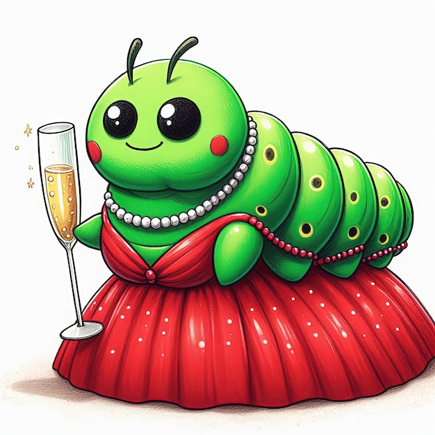 a drawing of a green bug with a glass of champagne