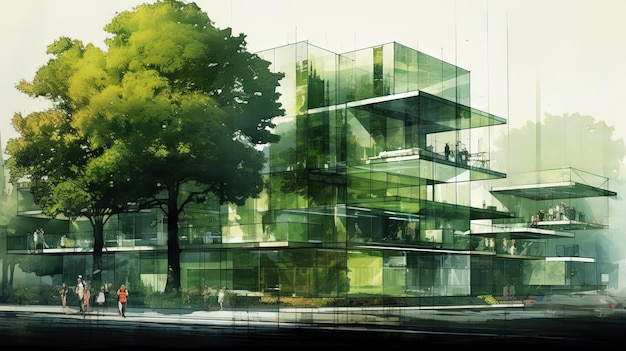 a drawing of a green building next to trees in the style of mark lague
