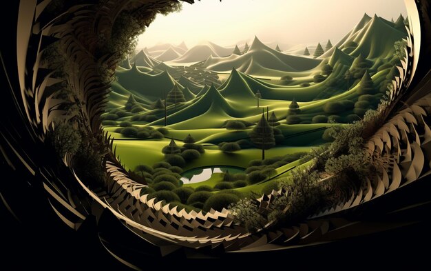 Photo a drawing of a green landscape with a dragon on it.