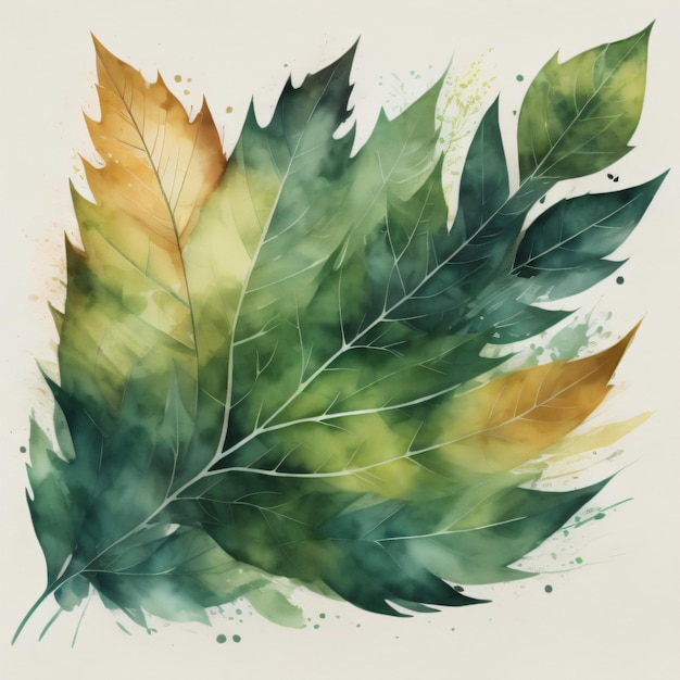 "秋"と書かれた緑と黄色の葉の絵.
