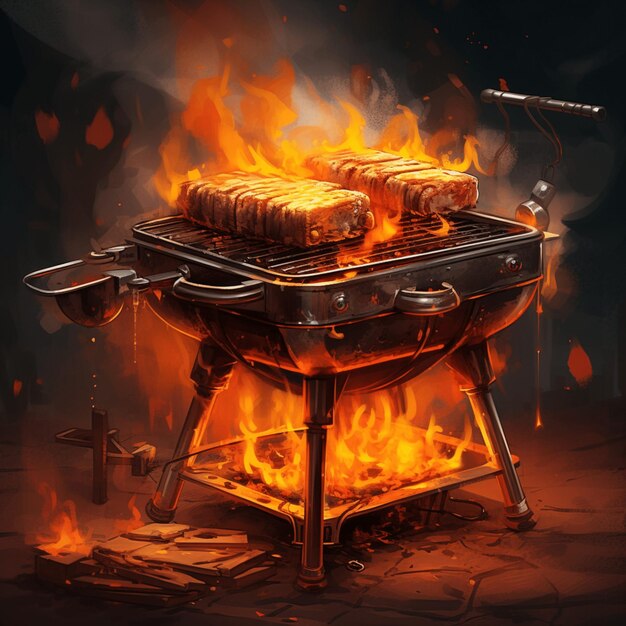 A drawing of a grill with a picture of a fire that says " the title ".