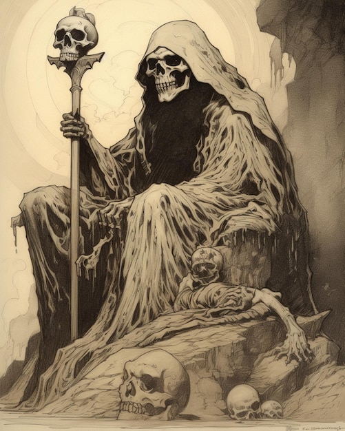 A drawing of a grim reaper with a skull on it.