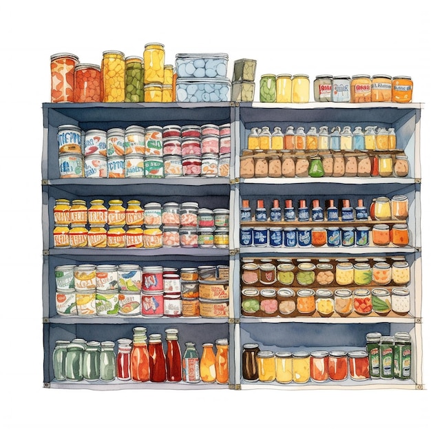 Drawing of grocery store shelves with food