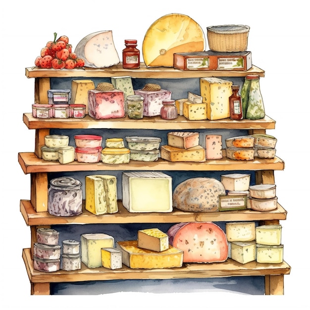 Drawing of grocery store shelves with food