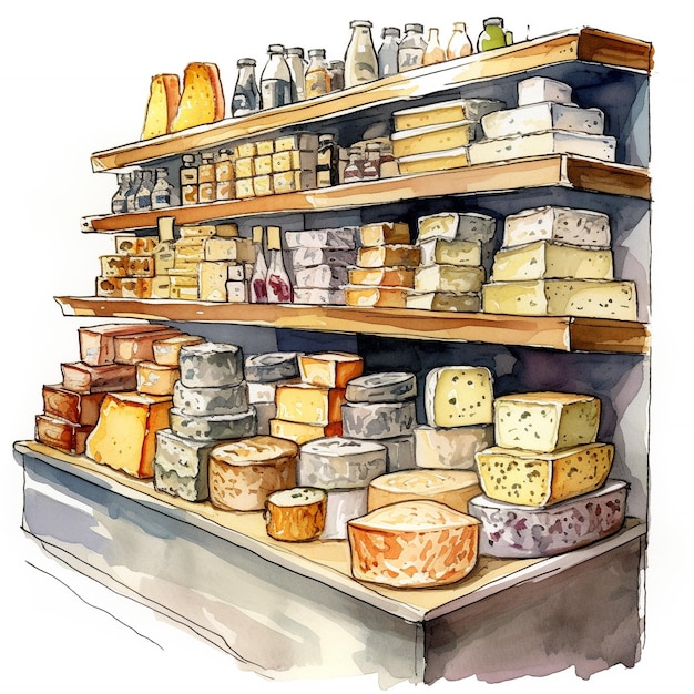 Premium Photo Drawing of grocery store shelves with food