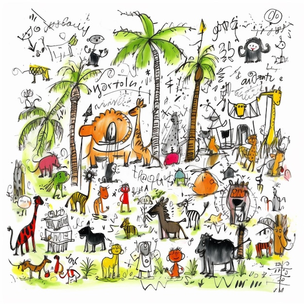 A drawing of a group of animals in a field with trees generative ai