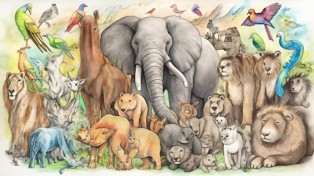 A drawing of a group of animals including a lion