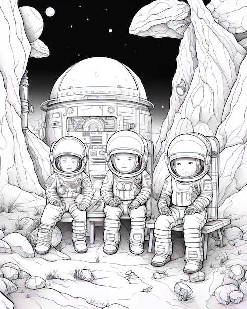 a drawing of a group of astronauts sitting in front of a building with the word  the  no  on it