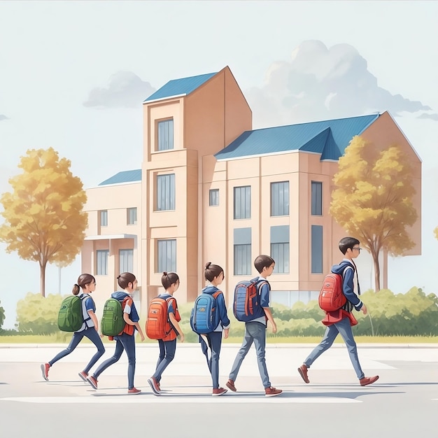 A drawing of a group of children walking in front of a school building