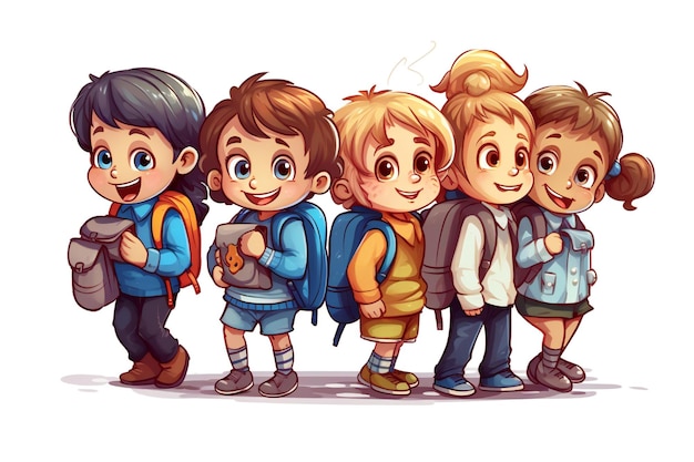 A drawing of a group of children with their backpacks