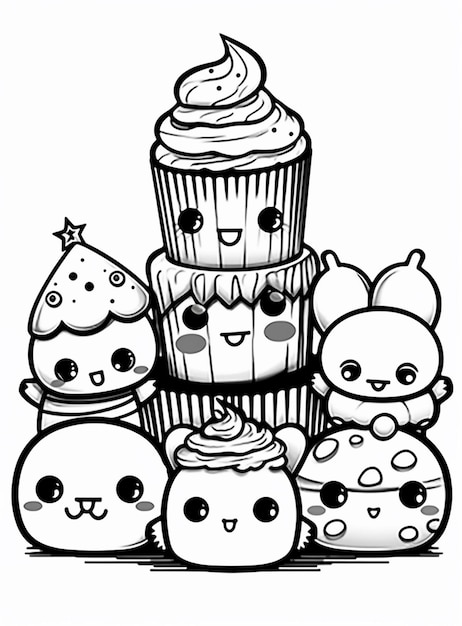 a drawing of a group of cupcakes with faces and eyes generativ ai