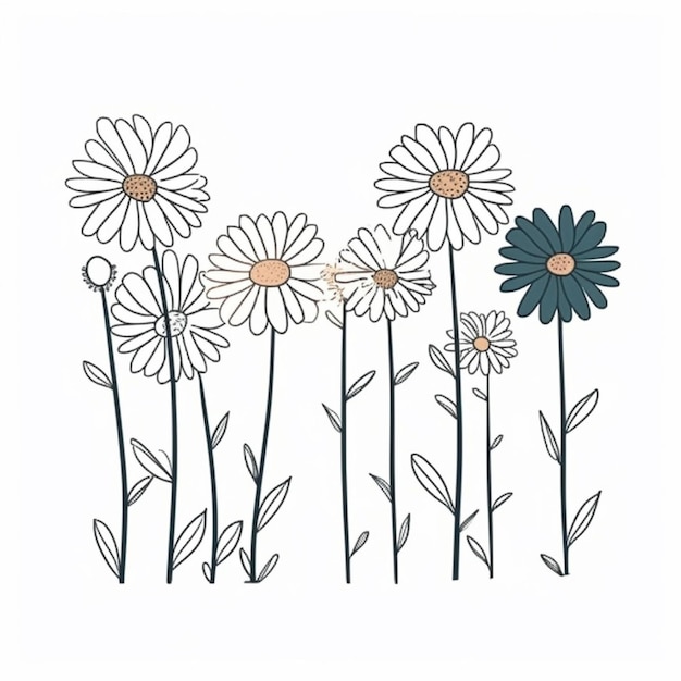 a drawing of a group of daisies with leaves and flowers generative ai