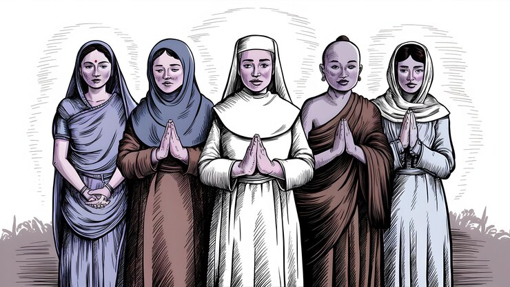 Photo 異なる宗教の女性が手をつないでいるグループの絵