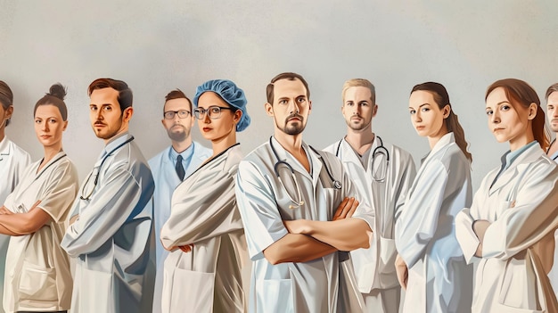Drawing of group of doctors in hospital men and women Labor Day banner concept importance of inclusi