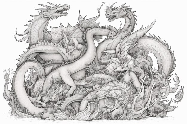 A drawing of a group of dragons and a dragon.