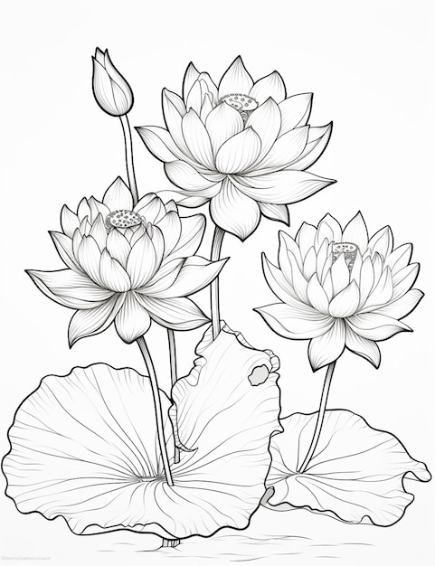 a drawing of a group of flowers with leaves generative ai