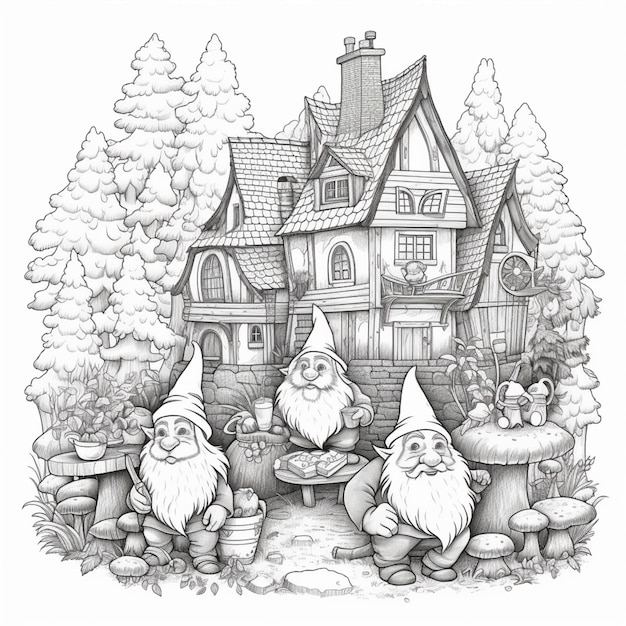 A drawing of a group of gnomes outside a house generative ai