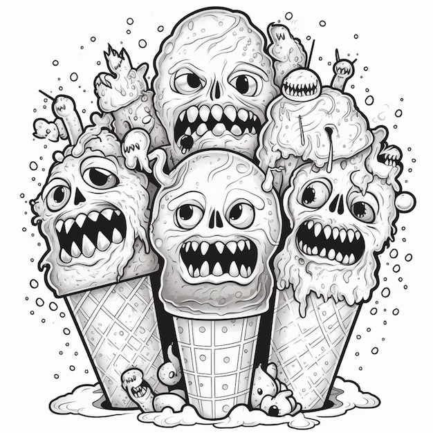 a drawing of a group of ice cream cones with skulls and monsters generative ai