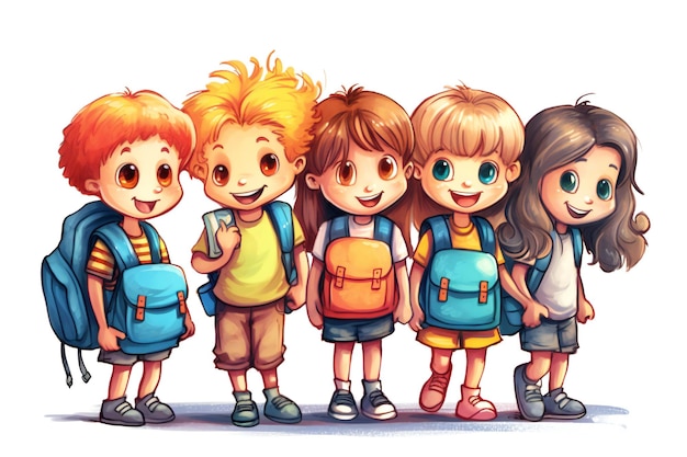 A drawing of a group of kids with backpacks