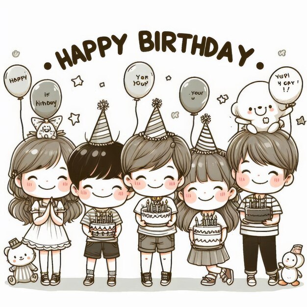 Photo a drawing of a group of kids with a balloon saying happy birthday