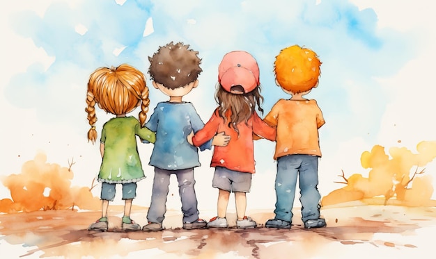 a drawing of a group of kids with their arms around each other