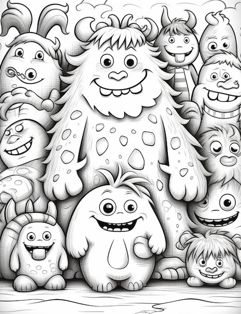 a drawing of a group of monsters with a big monster in the middle generative ai
