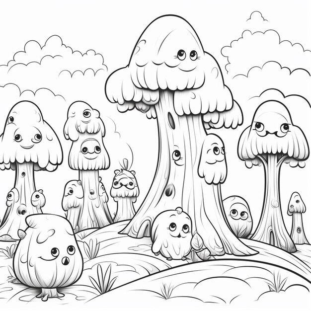 Foto un disegno di un gruppo di funghi in un campo ai