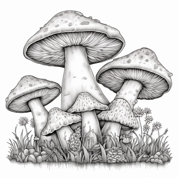 Foto un disegno di un gruppo di funghi in un campo di erba generativa ai