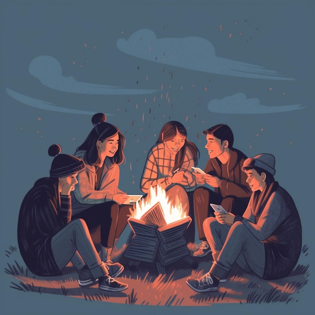 A drawing of a group of people around a campfire.