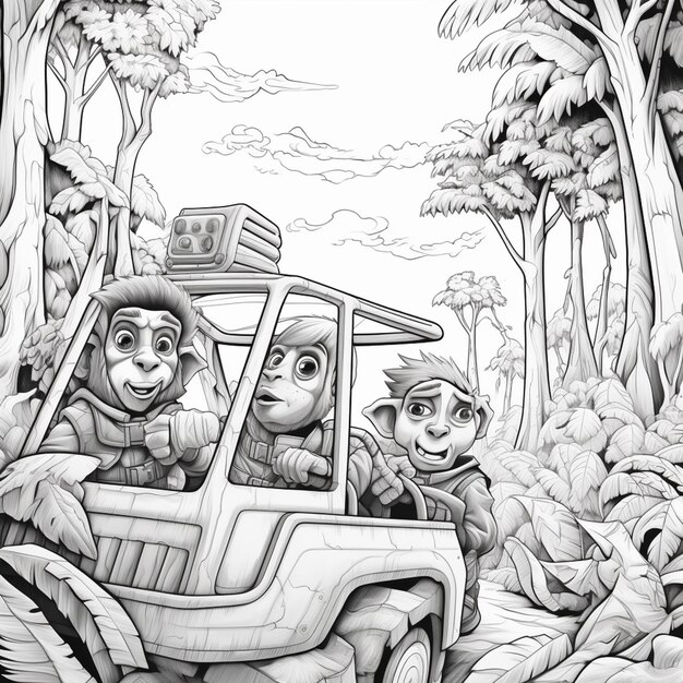 a drawing of a group of people riding in a jeep generative ai