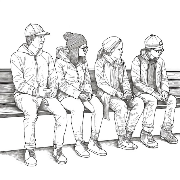 Photo a drawing of a group of people sitting on a bench generative ai