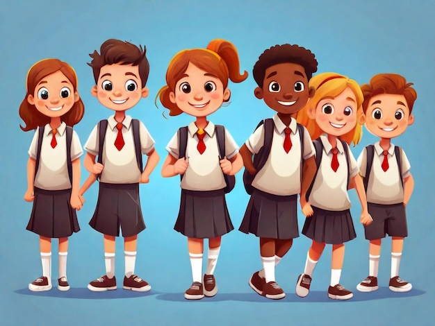 a drawing of a group of school kids with their uniforms