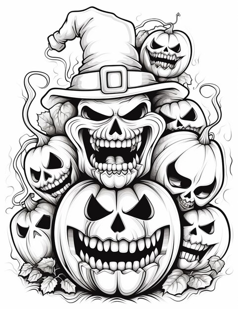 a drawing of a group of skulls and pumpkins with a witch hat generative ai