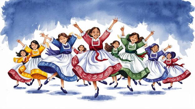 a drawing of a group of women dancing in the sky