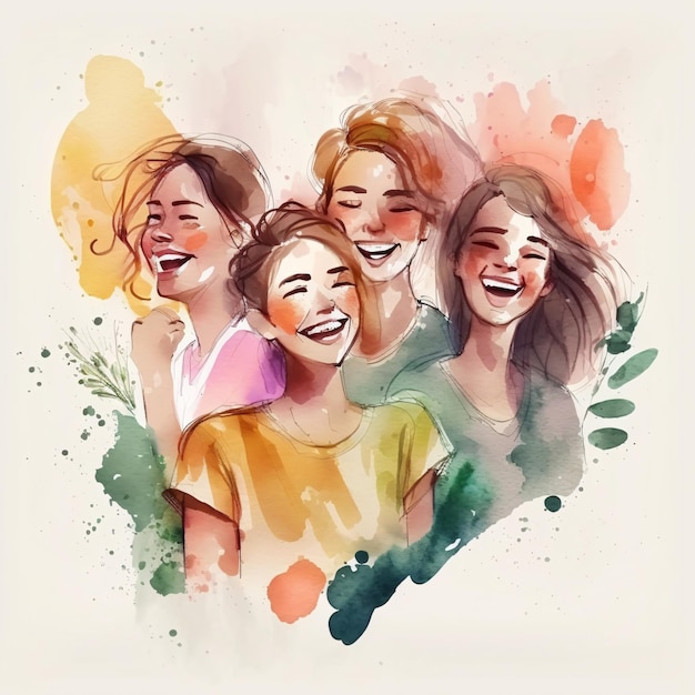 A drawing of a group of women with happy face