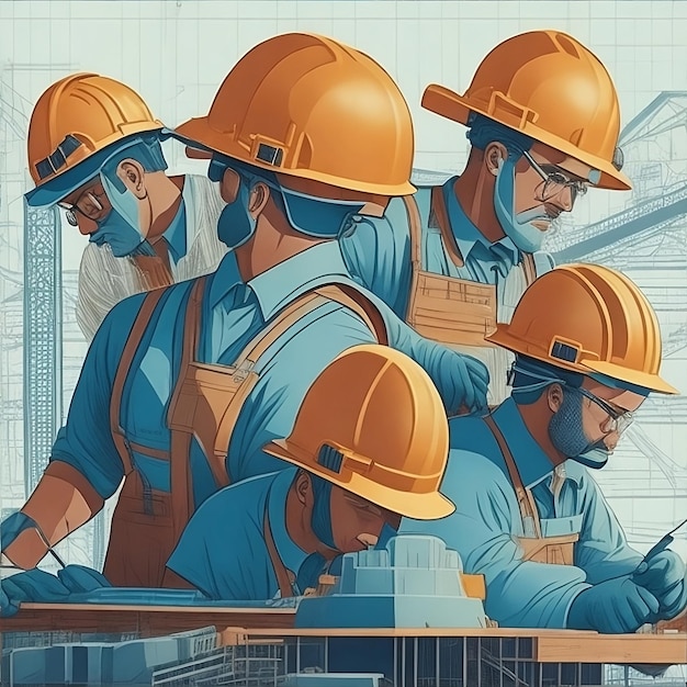 A drawing of a group of workers working on a building site to celebrate labor day
