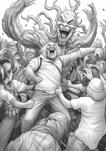 Foto un disegno di un gruppo di zombie che attacca un uomo con una camicia bianca