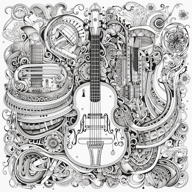 Photo a drawing of a guitar surrounded by music instruments.