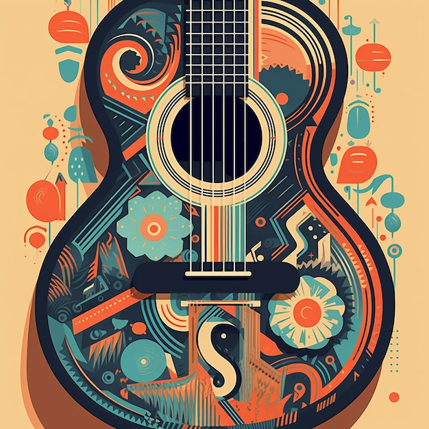 a drawing of a guitar that has a picture of a man on it.