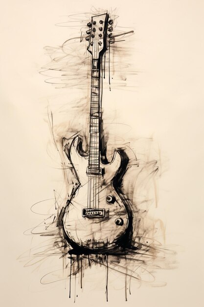 drawing of a guitar with a black and white background generative ai